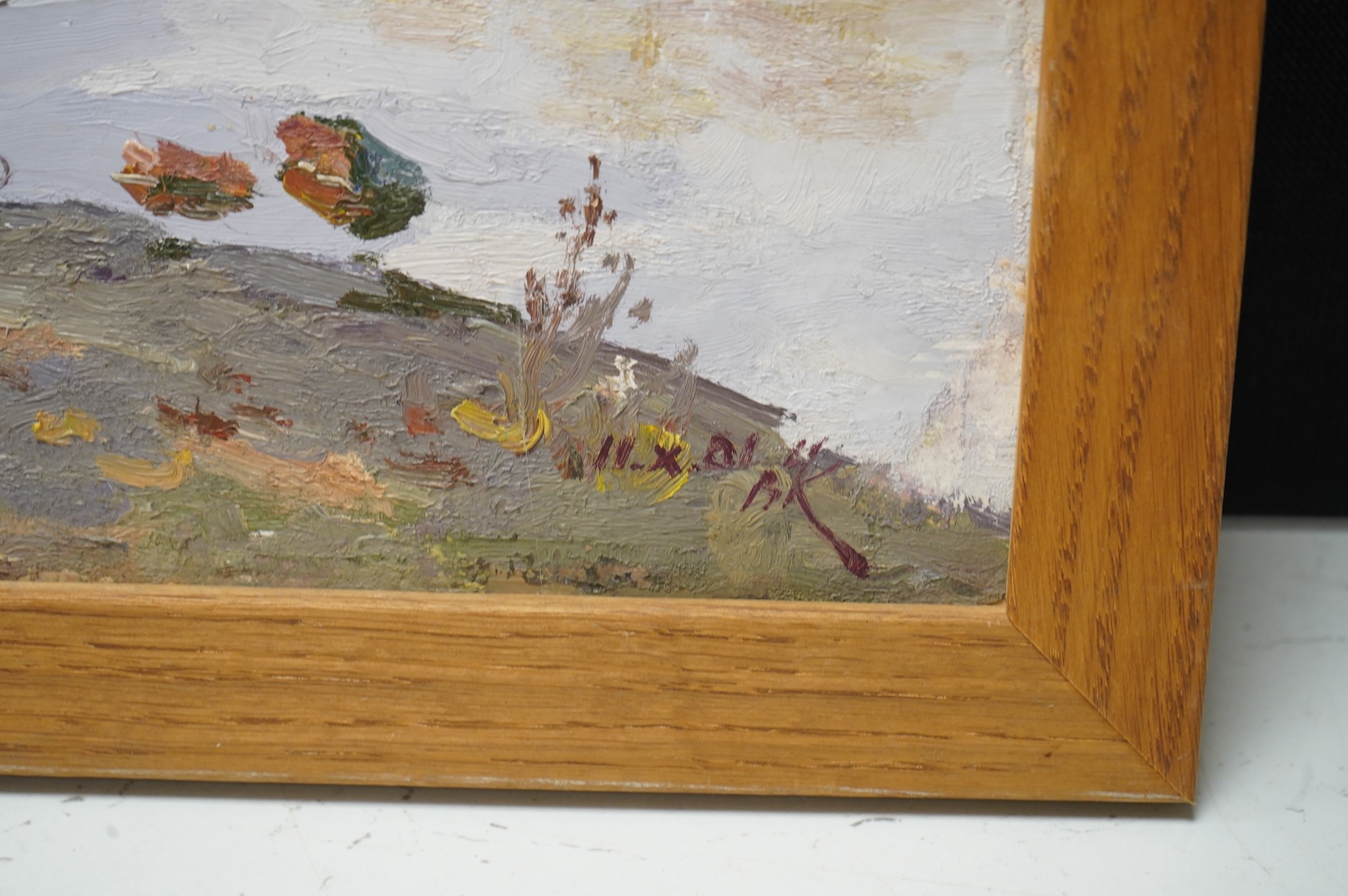 Stepan Lvovich Koshevoi (1921-1977), riverscape with anglers, signed, oil on board, 33 x 47cm